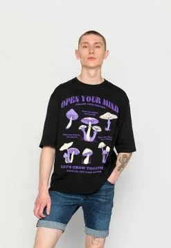 Even&Odd OPEN YOU MIND MUSHROOMS TEE UNISEX - T-Shirt Print - Black