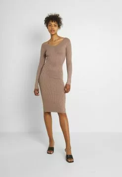 Even&Odd KNIT V NECK MIDI BODYCON DRESS - Etuikleid - Taupe | Damen