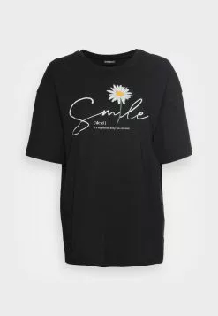 Even&Odd Damen LIZ SMILE DAISY TEE - T-Shirt Print - Black -Even Und Odd Verkäufe d4318da152654505b28bbe3ddfe6964c
