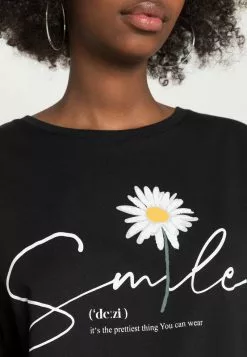 Even&Odd Damen LIZ SMILE DAISY TEE - T-Shirt Print - Black -Even Und Odd Verkäufe ff873762e6a7453f8c5f31fc383d9f13